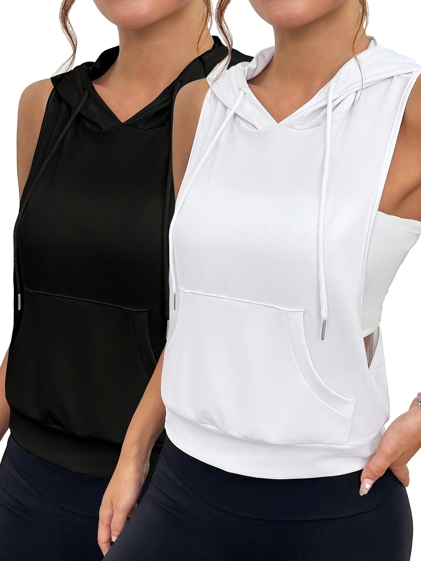 Women's 2pcs Sleeveless Hooded Tank Tops - Stretchy Polyester Activewear, White & Black, Casual Sporty Design, Machine Washable, Spring/Summer Collection